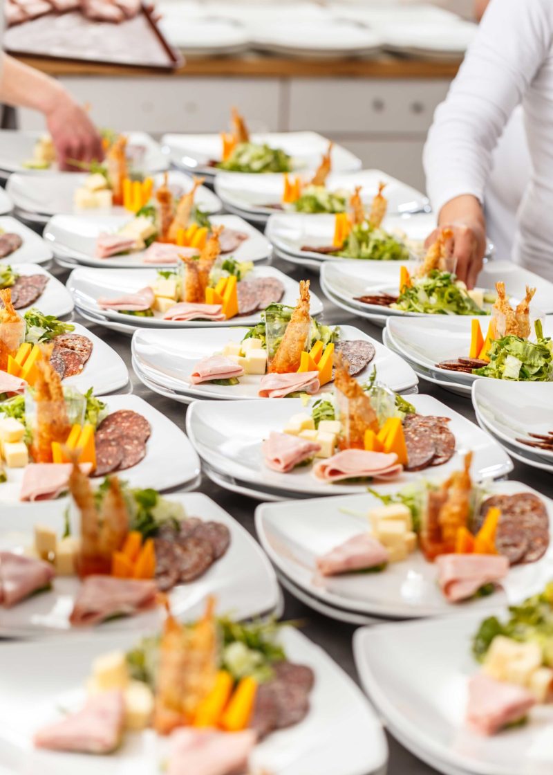 Appetizer plates in restaurant kitchen waiting for served